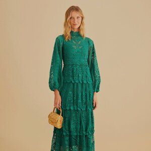 NWT AUTH FARM RIO Dark Green Guipure Long Sleeve Maxi Dress SZ XL EXTRA LARGE